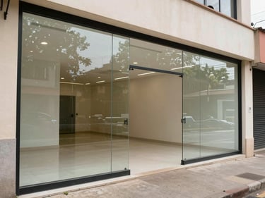 Wide interior shot of an empty commercial retail space in a Brazilian street-level storefront, large glass facade, clean floor, natural daylight