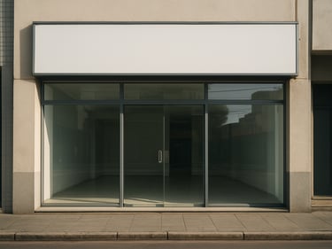Street-level exterior of a commercial retail unit in a Brazilian city, glass storefront, clean signage space, daytime natural lighting on the facade