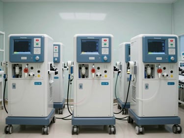 Wide straight-on view of a row of modern Fresenius hemodialysis generators in a clean, daylit treatment room, machines ready and tubing visible