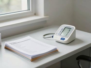 A clean clinical consultation desk with organized patient records and a blood pressure monitor, natural daylight from a side window, no people