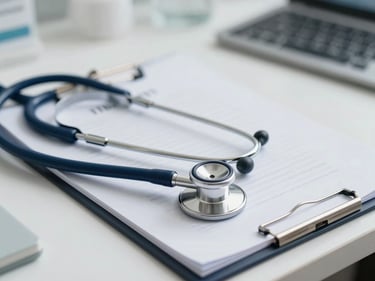 Close-up of a nephrologist's desk with a clean stethoscope and an open patient file under bright clinical daylight, surfaces white and precise