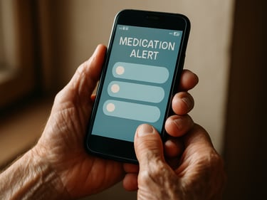Elderly person's hands, slightly trembling, holding an Android phone with a large-text medication reminder app on screen, warm natural window light, close crop on the device and hands only