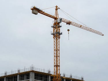 Wide environmental shot of a tower crane rising above a construction site frame, shot from ground level looking up, steel lattice against overcast sky, no workers, industrial documentary framing