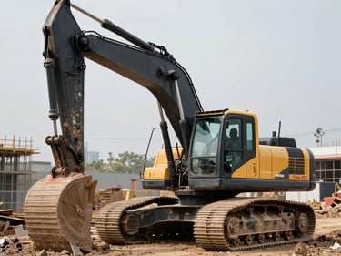 Front-angle close-up of a tracked hydraulic excavator in an active construction yard, boom arm extended, natural daylight, steel and black paint finish, no workers, industrial documentary framing