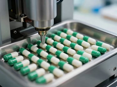 Close-up of precision capsule-filling machine output, rows of uniform green-and-white hard-shell capsules aligned on a stainless steel production tray, bright clinical overhead lighting, no people