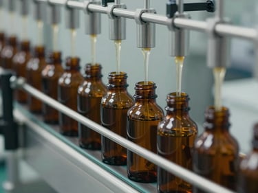 Close-up of liquid nutraceutical filling line, amber glass bottles moving along stainless steel conveyor under clean-room lighting, precise fill-level visible, no people