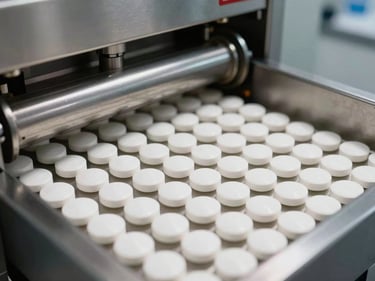 Wide close-up of pharmaceutical tablet compression machine producing uniform white tablets, controlled clean-room environment, stainless steel surfaces, clinical overhead lighting, no people