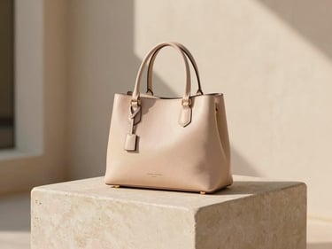 A minimalist leather handbag sitting on a cream stone pedestal, warm daylight, soft shadows, premium editorial framing