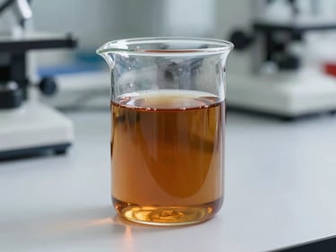 Clear light brown liquid in a laboratory beaker, technical studio lighting, clean industrial photography