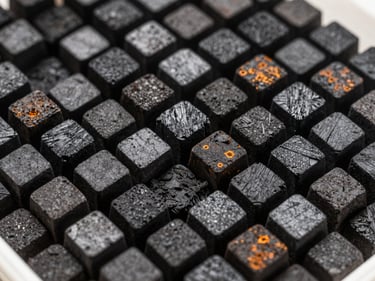 Macro shot of uniform, high-density charcoal briquettes, warm charcoal gray accents, natural daylight