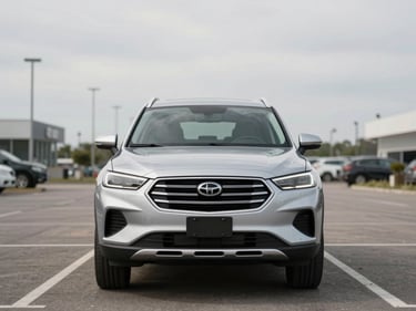 Head-on shot of a silver SUV parked on a clean dealer lot under overcast daylight, full front fascia visible, empty lot, neutral sky