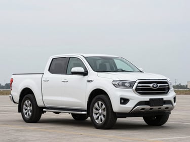 3/4-angle shot of a white pickup truck on an open lot under bright overcast daylight, full vehicle visible, empty lot, crisp flat light