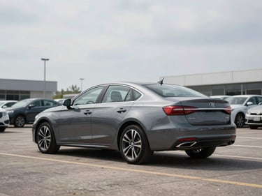 3/4-angle rear shot of a grey sedan on a dealer lot under bright overcast daylight, full vehicle visible, empty lot, no people