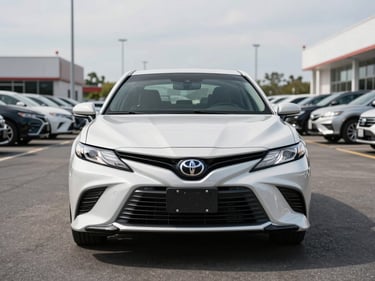 Head-on shot of a white 2020 Toyota Camry parked on an open dealer lot, bright overcast daylight, clean asphalt, no people