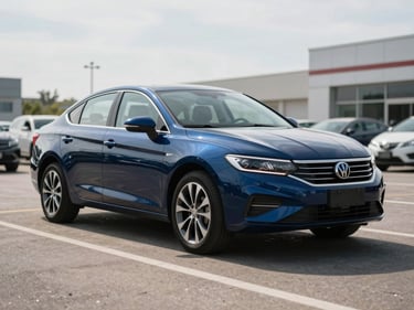 3/4-angle shot of a dark blue sedan on a dealer lot under bright overcast light, full vehicle visible, empty lot background, crisp shadows
