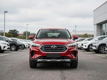 Head-on shot of a red mid-size crossover SUV on a dealer lot, bright overcast daylight, full front visible, empty asphalt, no people