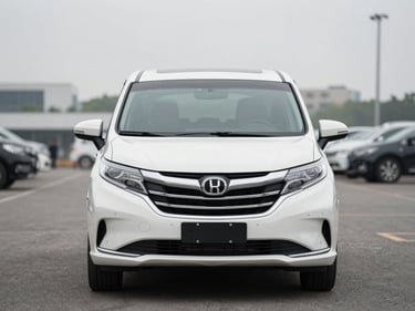 Head-on shot of a pearl white minivan on an open dealer lot, overcast daylight, full front visible, no people, neutral background