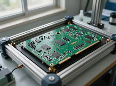 Overhead view of an SMT support fixture holding a bare PCB panel flat during reflow, vacuum hold-down visible, workshop daylight from north-facing windows