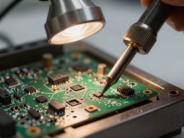 Tight close-up of a soldering fixture with a PCB seated in locating slots, soldering iron tip approaching a joint, tungsten bench lamp casting a tight pool of warm light on the joint