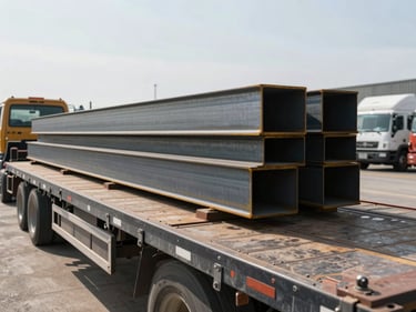 Wide daylight shot of a flatbed trailer loaded with steel beams at a freight yard, the deck and tie-down rails sharp in foreground, other fleet vehicles visible in background under open sky
