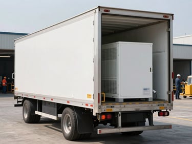 Daylight three-quarter rear view of a refrigerated reefer trailer at a loading dock, insulated panels and refrigeration unit clearly visible, dock workers in background operating equipment