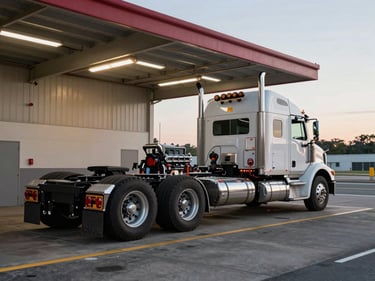 Close wide-angle daylight shot of a loaded Class 8 semi-truck on a highway service bay apron, chrome exhaust stacks and engine bay visible, industrial fluorescent bay lighting, front three-quarter view showing full rig length