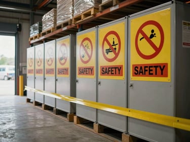 Safety signage boards and barrier tape stacked in a warehouse aisle, natural light from a loading bay, wide environmental framing