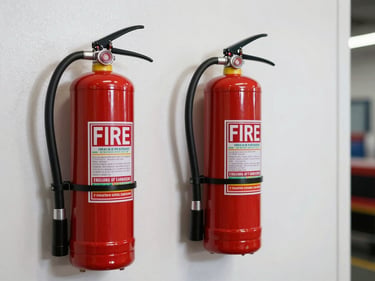 Fire extinguisher and emergency shower station against a white industrial wall, clean studio-quality lighting, safety equipment detail shot