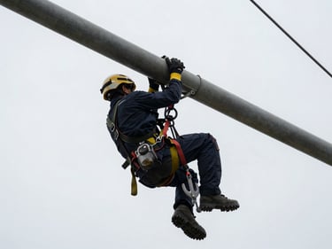 Worker in full harness clipped to an anchor point on a steel structure, shot from below under overcast daylight, technical framing showing equipment in use