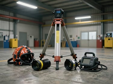 Confined space entry tripod and gas detector laid out on a concrete floor of an industrial facility, overhead shot under fluorescent lighting
