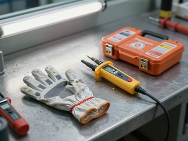 Electrical insulation gloves, lockout-tagout kit and voltage tester arranged on a steel workbench under fluorescent shop lighting, equipment close-up