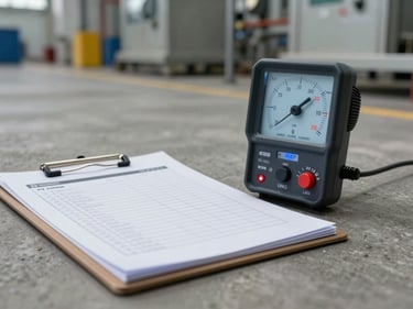 Sound level meter and lux meter instruments on a checklist clipboard, placed on a concrete floor of a factory, overcast industrial lighting