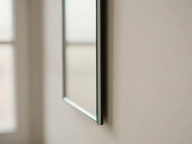 Close-up of a custom mirror edge treatment mounted flush against a plastered wall, sharp focus on the beveled seam and mounting bracket, soft natural sidelight from the left, neutral warm-white background