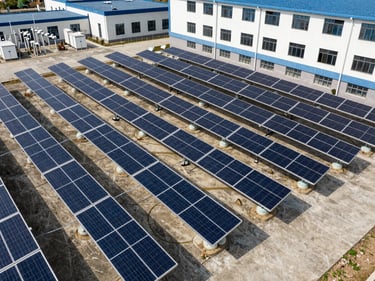 Overhead orthographic view of a ground-mount commercial solar field adjacent to a large institutional healthcare facility, rows of tracking panels on concrete ballast mounts, electrical collection boxes visible at row ends, hard midday shadows, no people