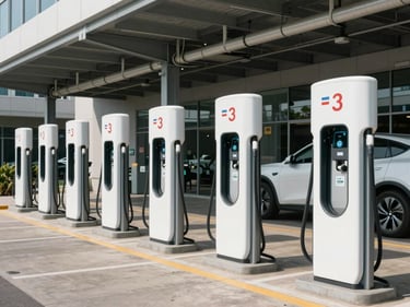 Ground-level hard-daylight photograph of a commercial EV fleet charging station bay at a corporate campus, multiple Level-3 charging pedestals in a row, electrical conduit infrastructure visible overhead, no vehicles or people, concrete and steel environment