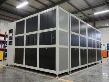 Wide 45-degree angle shot of a commercial battery storage rack system inside a utility room of a large retail facility, hard industrial lighting, modular battery cabinets stacked floor to ceiling, inverter hardware visible at left, no people