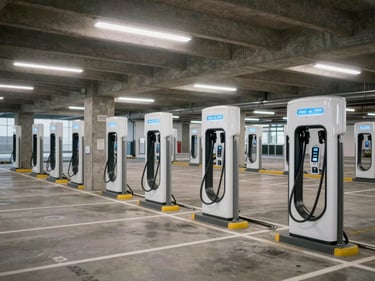 Wide-angle view of a commercial EV charging station bank in a large parking structure, multiple charging pedestals in a row under hard overhead lighting, concrete columns and painted floor markings visible, no vehicles or people