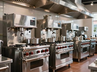 A wide shot of a modern, upscale commercial kitchen equipment showroom in the Middle Eastern / Gulf, showcasing professional stainless steel appliances.