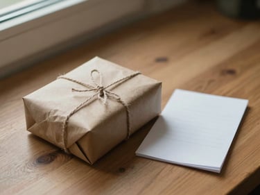 Overhead close-up of a small wrapped package and a folded paper note on a wooden surface, soft natural light from a window, simple and intimate framing