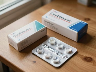 Overhead close-up of a medicine box and a blister pack on a wooden table, natural window light from the side, warm tones, no hands, simple composition