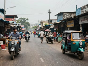 Bokaro's sector market, wide road with shops and two-wheelers, overcast industrial daylight, workers and shoppers