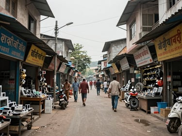 Dhanbad coal-town commercial street, hardware and electrical shops, workers passing, overcast daylight