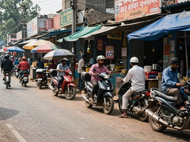 Gaya's Bodh Gaya road market, small shops and street vendors, natural daylight, authentic street-level commerce