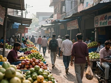 Muzaffarpur's main market lane, fruit and vegetable stalls, natural morning light, busy shoppers