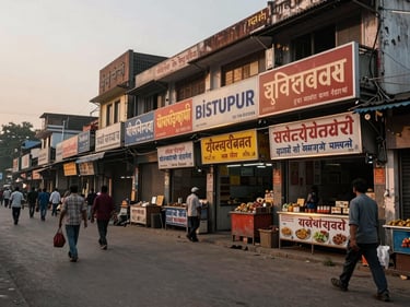 Jamshedpur's Bistupur market, steel-town shopfronts, evening light on signboards, pedestrians on wide pavement