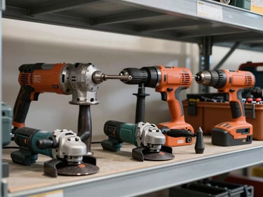 Wide shot of heavy construction power tools — rotary hammers, angle grinders, and core drills — arranged on a warehouse steel shelving unit under diffused overhead lighting, no human presence, tool cases visible in background