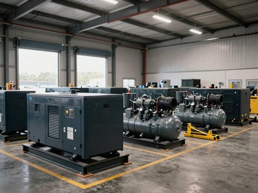 Wide warehouse floor shot showing heavy industrial equipment — generators, compressors, and hydraulic jacks stored in organized rows, warehouse overhead lighting with loading dock daylight on far wall, scale markers on floor, no human presence