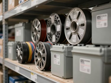 Close-up shot of organized electrical conduit bundles, wire reels, and junction boxes on warehouse shelving, product labels and gauge markings visible, diffused industrial overhead lighting, no human presence