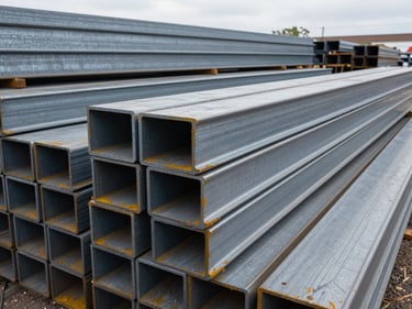 Wide shot of bundled structural steel I-beams and rebar stacked in organized rows in a supply yard, galvanized surface texture visible, diffused overcast daylight, no human presence, depth of stock visible receding into background