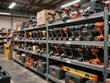 Wide inventory shot of construction power tools and hand tools arranged on metal shelving in a warehouse, drill sets, grinders, and levels visible with original packaging, industrial overhead lighting, no human presence